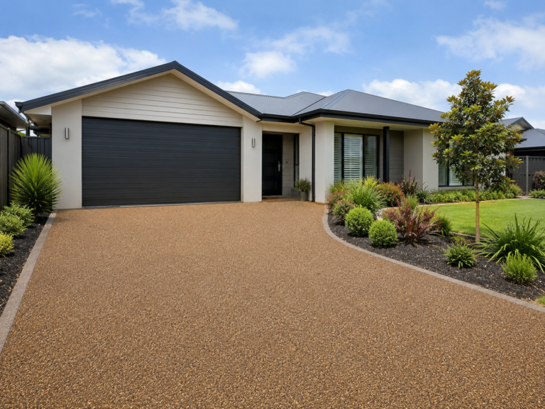 Freshly finished resin driveway in Rockingham WA, showing a warm textured surface leading to a modern home with a dark garage door, neat edging, landscaped garden beds and tidy front lawn.