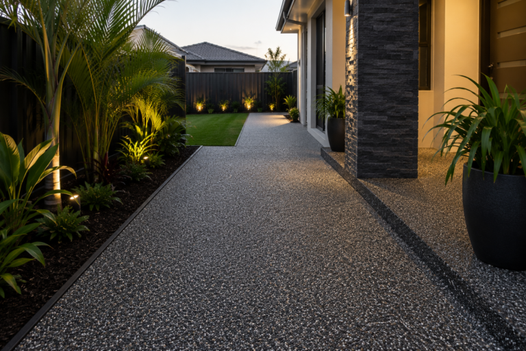 Freshly finished dark resin pathway in Armadale WA, showing a clean textured surface beside a modern home, landscaped tropical garden beds, outdoor lighting, black edging and a tidy backyard lawn.