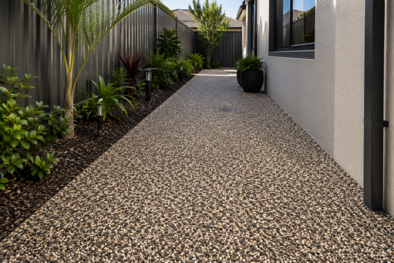 Freshly finished resin pathway in Kinross WA, showing a textured pebble surface beside a modern home, landscaped garden beds, outdoor lighting, black fencing and clean exterior walls.
