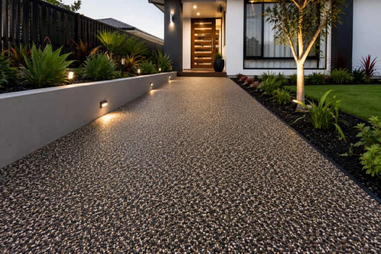 Freshly finished resin pathway in Perth WA, showing a textured pebble surface leading to a modern home entry with landscaped garden beds, feature lighting, black edging and a tidy front lawn.