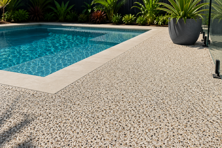 Freshly finished resin pool surround in Fremantle WA, showing a clean textured pebble surface beside a backyard swimming pool, glass pool fencing, modern planter pots and tropical garden landscaping.