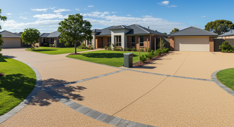 Wide view of freshly finished resin driveways in Byford WA, showing clean textured surfaces, neat edging, modern brick homes, landscaped front lawns and tidy residential street appeal under a bright blue sky.