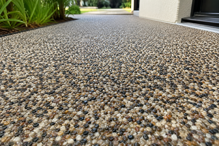Close-up of a freshly finished resin surface in Mandurah WA, showing a textured pebble finish beside a modern home entry, garden beds, green landscaping and clean exterior walls.